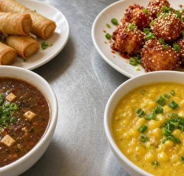 Hot and sour soup, sweet corn soup, spring rolls and crispy fried bites with sesame and spring onion on a restaurant table