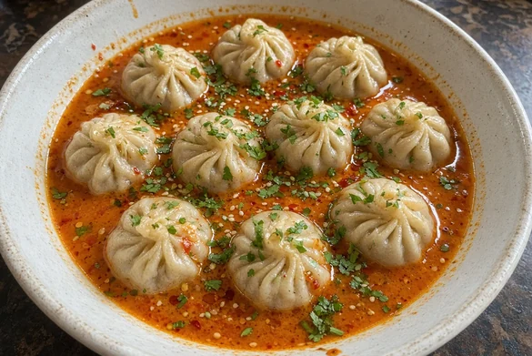 Steamed momos in orange jhol broth with coriander