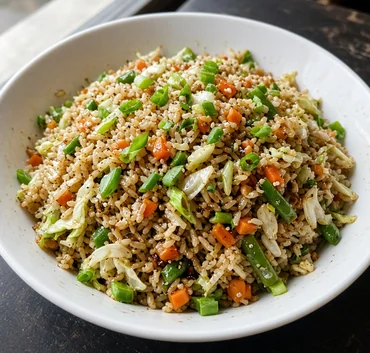 Hakka vegetable fried rice in a white bowl
