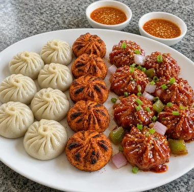 Steamed, tandoori and chilli momos on a white platter with achar