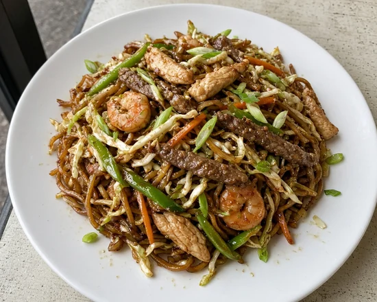 Hakka noodles stir-fried with chicken, beef strips, shrimp, cabbage, carrot, green pepper and spring onion